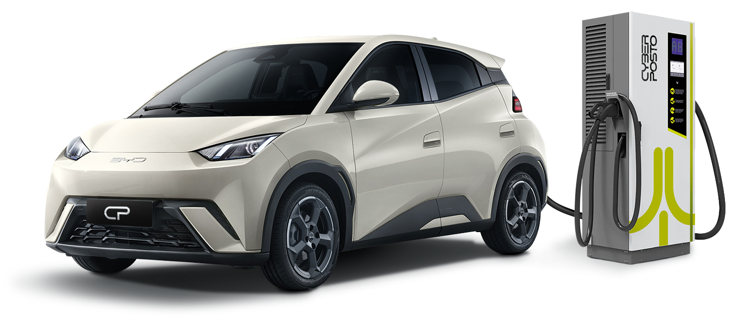 Estacao de carregamento ultrarapido Cyber Posto com veiculo eletrico sendo carregado